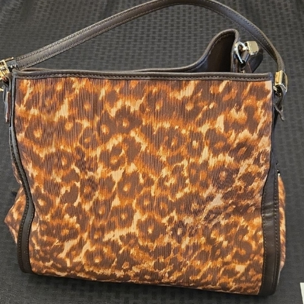 Coach Leopard Print Shoulder Bag Brown Tan Animal Print Tote Purse Leather Trim - Picture 13 of 16